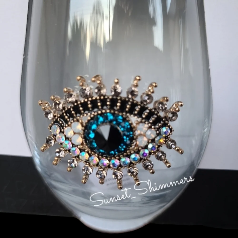 Jeweled Rhinestone Hamsa Evil Eye Mati Nazar Mal De Ojo Cocktail Wine Glass Set
